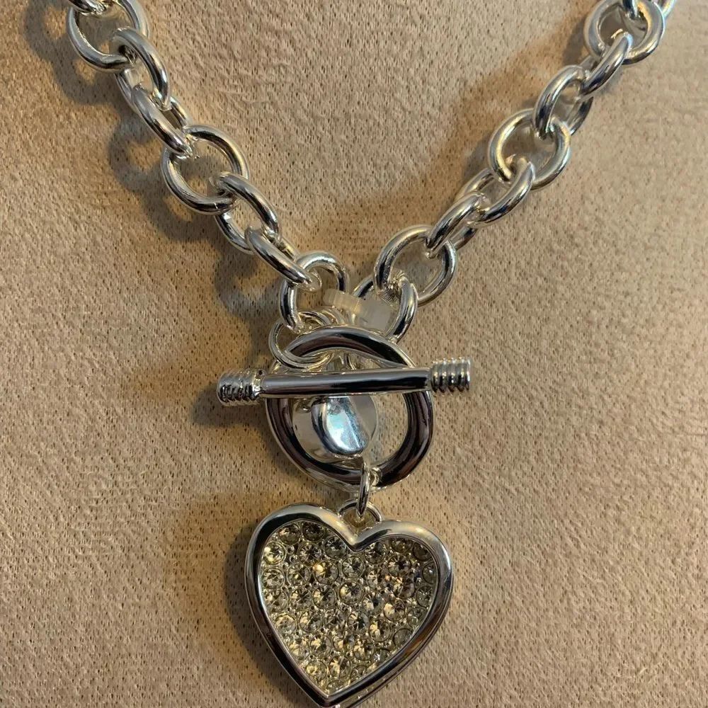 Calvin Klein rhinestone heart toggle silver necklace